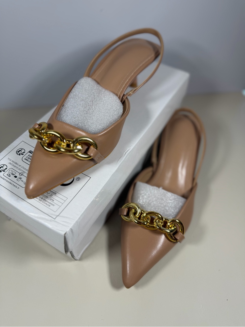 Unk Tan Pointed Toe Slingback Flats with Gold Chain
